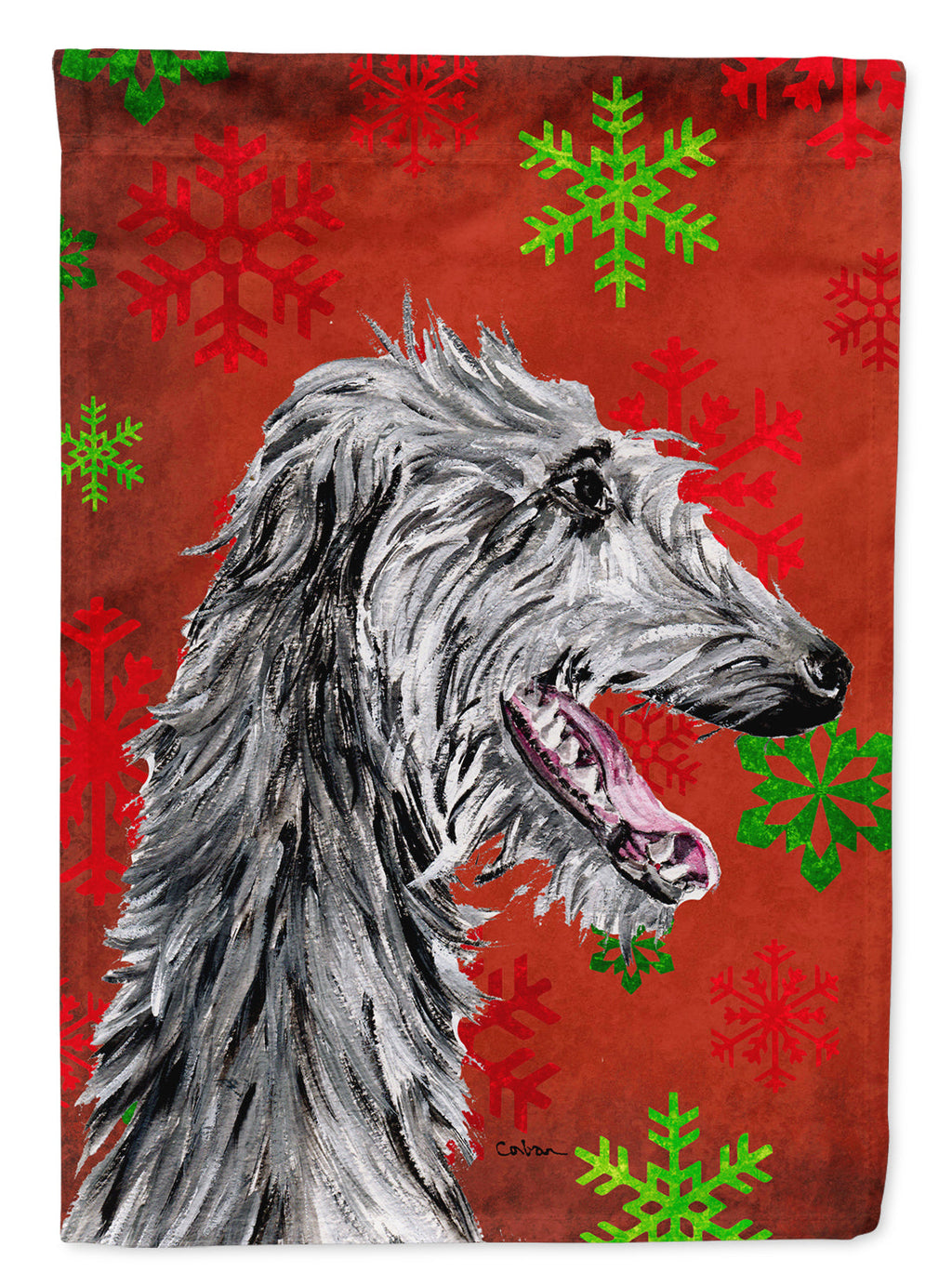 Scottish Deerhound Red Snowflakes Holiday House Flag 28x40 Porch Sleeve Pole Decorative Outside Yard Banner Artwork Wall Hanging, Polyester