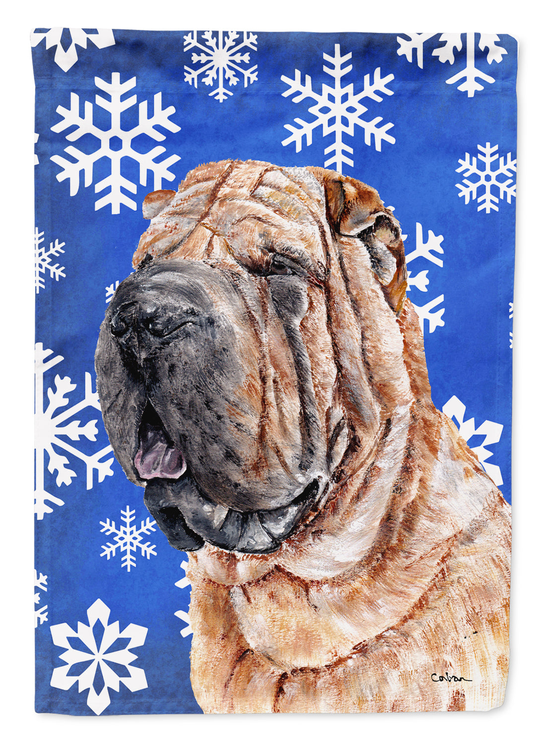 Shar Pei Winter Snowflakes House Flag 28x40 Porch Sleeve Pole Decorative Outside Yard Banner Artwork Wall Hanging, Polyester