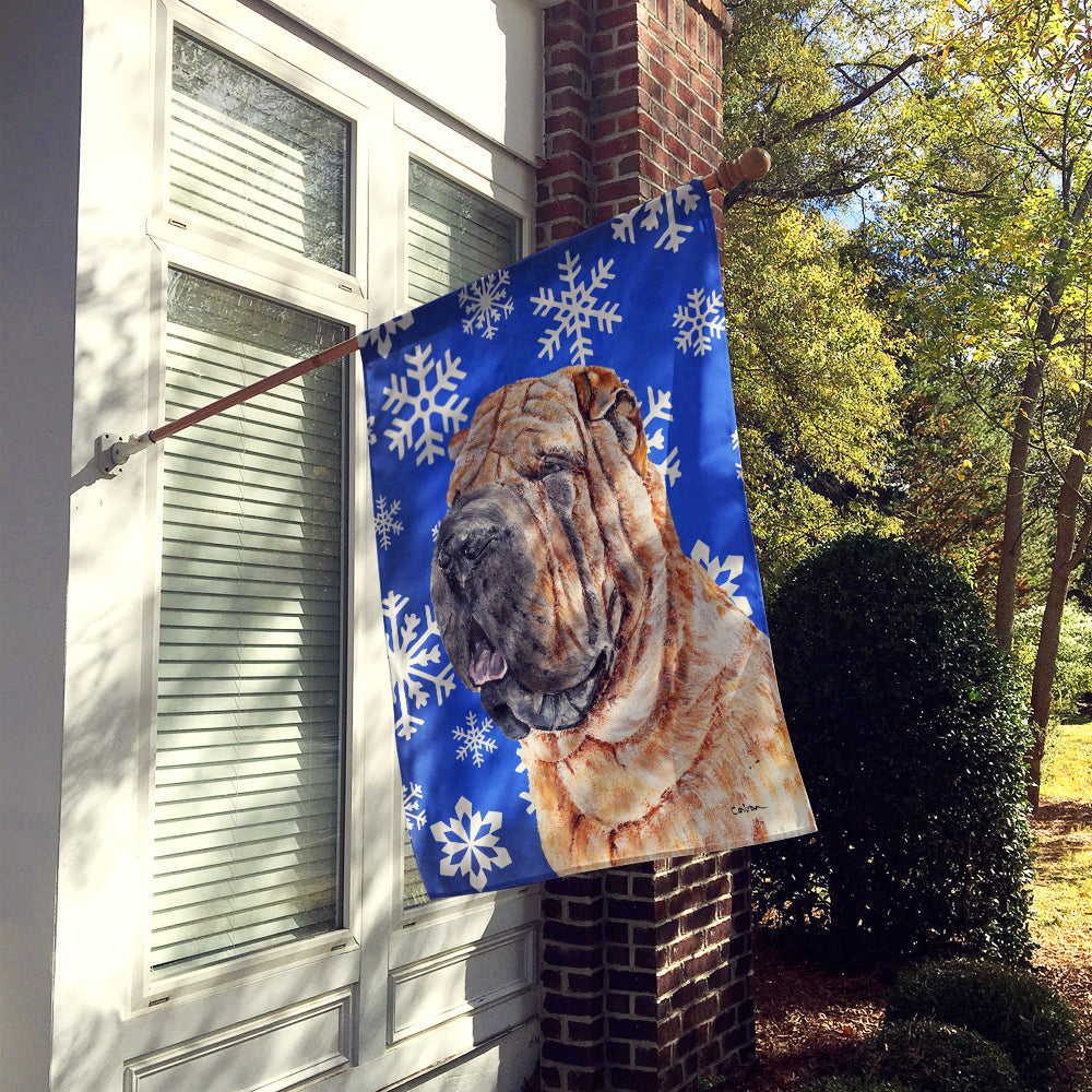 Shar Pei Winter Snowflakes House Flag 28x40 Porch Sleeve Pole Decorative Outside Yard Banner Artwork Wall Hanging, Polyester