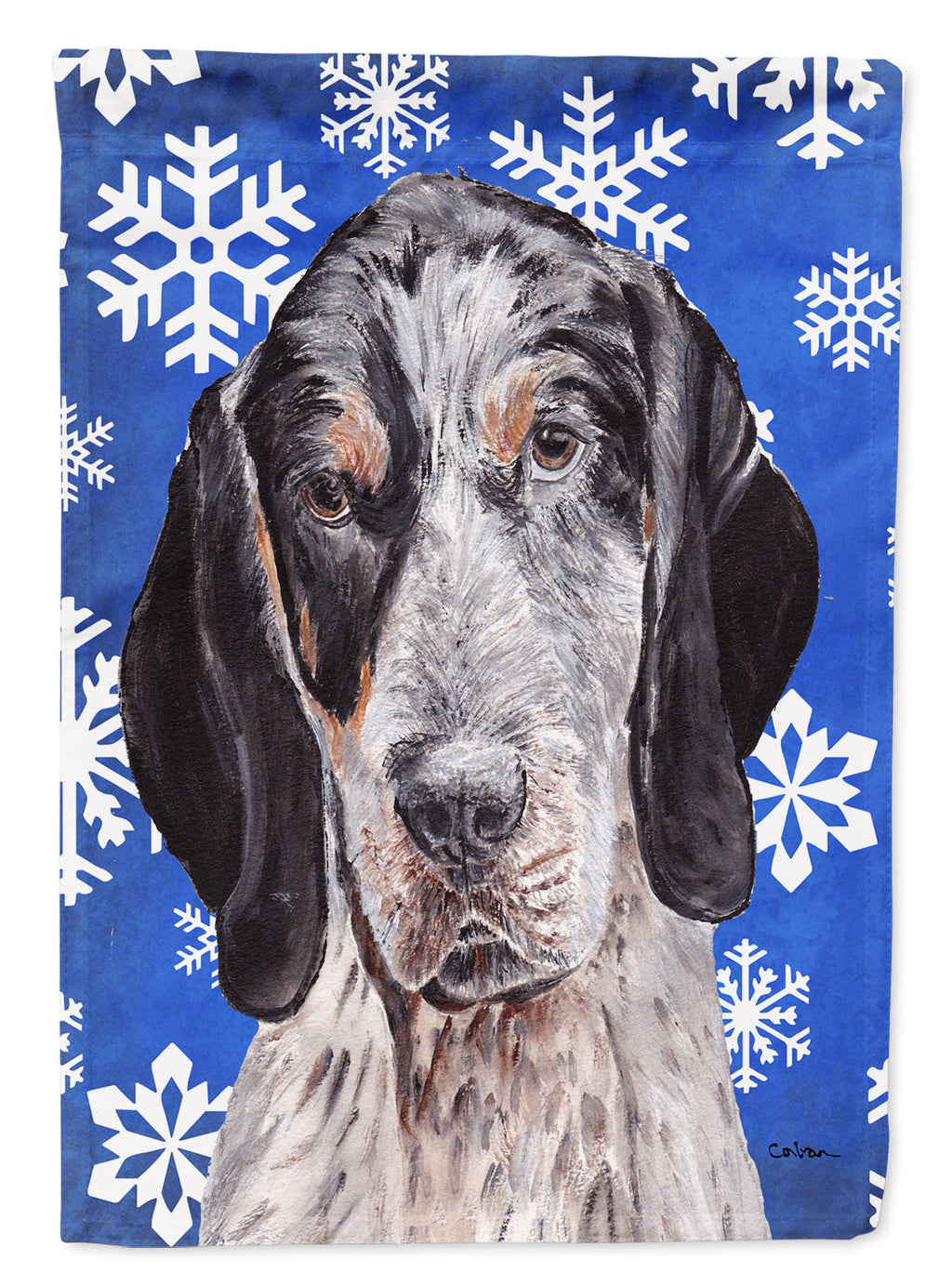 Blue Tick Coonhound Winter Snowflakes House Flag 28x40 Porch Sleeve Pole Decorative Outside Yard Banner Artwork Wall Hanging, Polyester