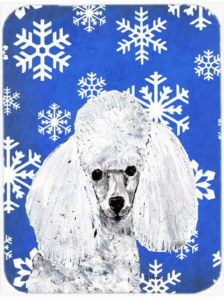 White Toy Poodle Winter Snowflakes Cutting Board Tempered Glass Kitchen Cutting Surface, Heat Resistant Chopping, Non-Slip Feet, Food Prep & Serving