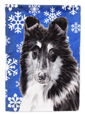 Black and White Collie Winter Snowflakes House Flag 28x40 Porch Sleeve Pole Decorative Outside Yard Banner Artwork Wall Hanging, Polyester