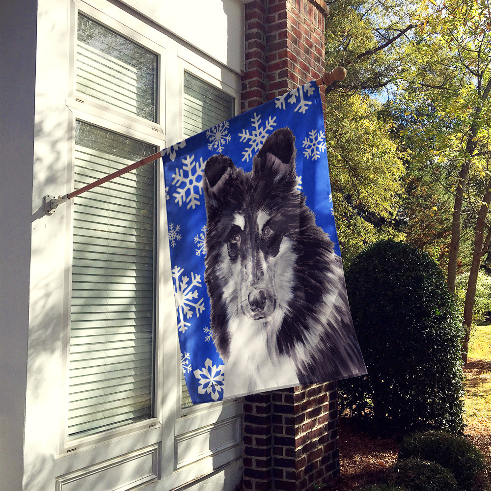 Black and White Collie Winter Snowflakes House Flag 28x40 Porch Sleeve Pole Decorative Outside Yard Banner Artwork Wall Hanging, Polyester