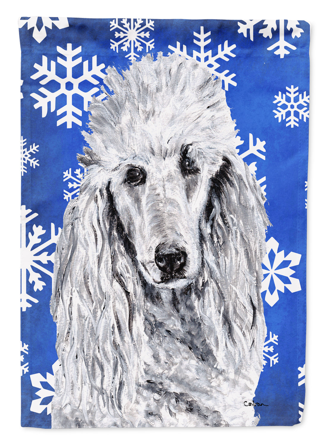 White Standard Poodle Winter Snowflakes House Flag 28x40 Porch Sleeve Pole Decorative Outside Yard Banner Artwork Wall Hanging, Polyester