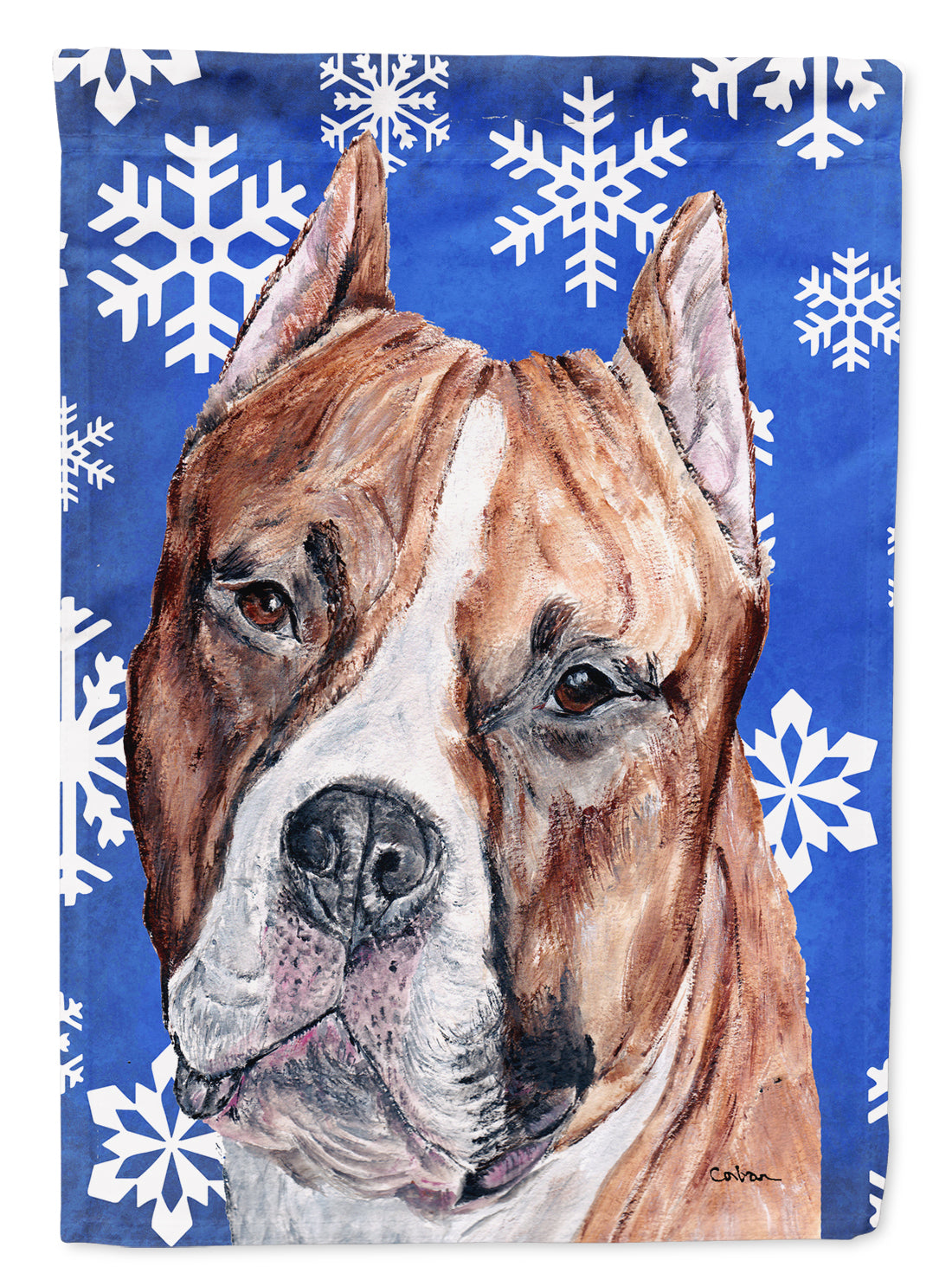 Staffordshire Bull Terrier Staffie Winter Snowflakes House Flag 28x40 Porch Sleeve Pole Decorative Outside Yard Banner Artwork Wall Hanging, Polyester