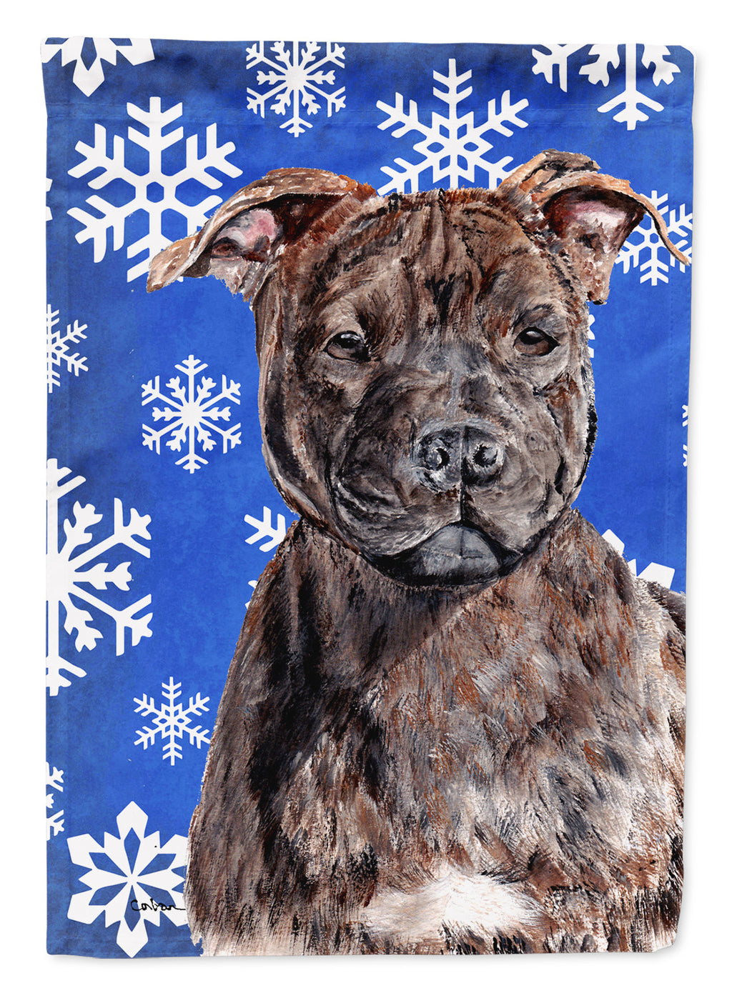 Staffordshire Bull Terrier Staffie Winter Snowflakes House Flag 28x40 Porch Sleeve Pole Decorative Outside Yard Banner Artwork Wall Hanging, Polyester