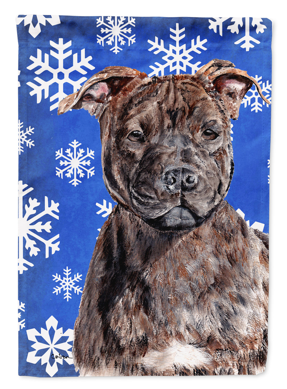 Staffordshire Bull Terrier Staffie Winter Snowflakes House Flag 28x40 Porch Sleeve Pole Decorative Outside Yard Banner Artwork Wall Hanging, Polyester