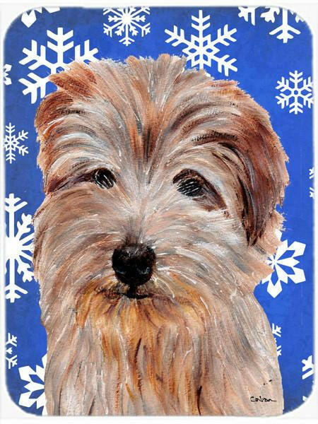 Norfolk Terrier Winter Snowflakes Cutting Board Tempered Glass Kitchen Cutting Surface, Heat Resistant Chopping, Non-Slip Feet, Food Prep & Serving
