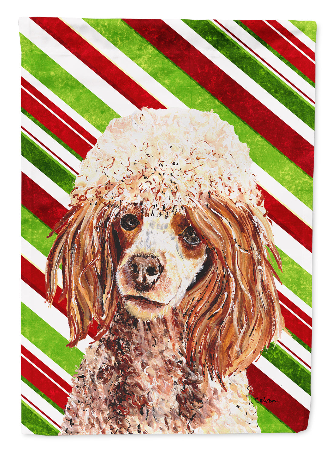 Red Miniature Poodle Candy Cane Christmas House Flag 28x40 Porch Sleeve Pole Decorative Outside Yard Banner Artwork Wall Hanging, Polyester