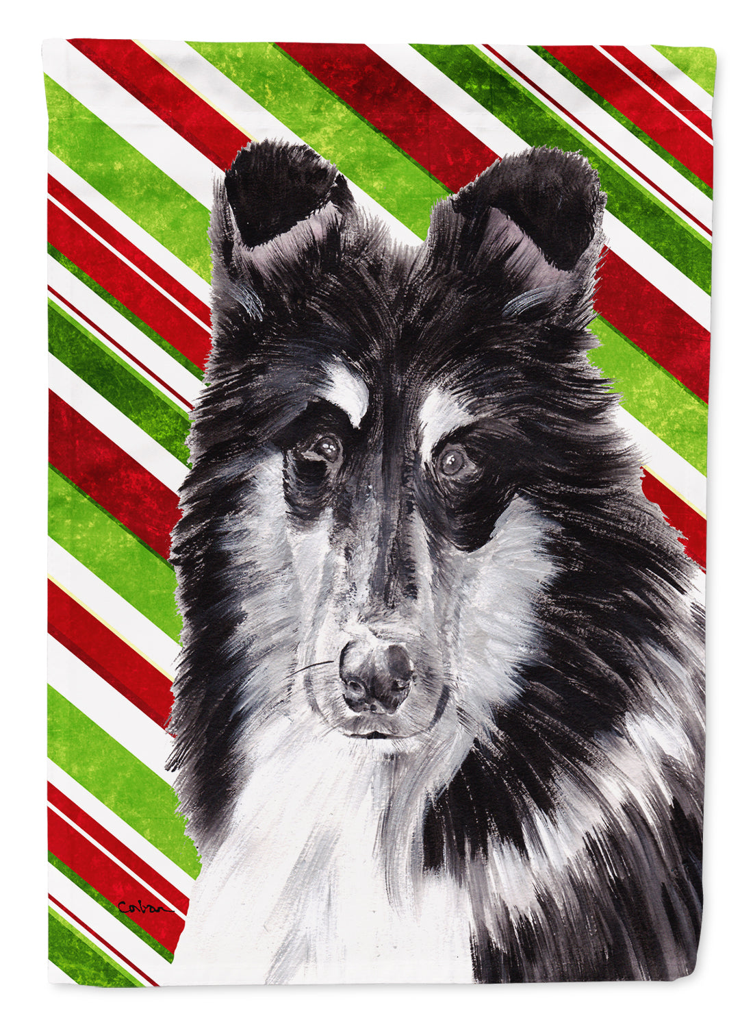 Black and White Collie Candy Cane Christmas House Flag 28x40 Porch Sleeve Pole Decorative Outside Yard Banner Artwork Wall Hanging, Polyester