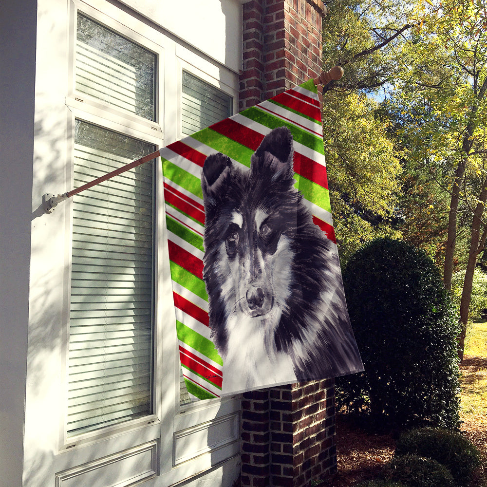 Black and White Collie Candy Cane Christmas House Flag 28x40 Porch Sleeve Pole Decorative Outside Yard Banner Artwork Wall Hanging, Polyester