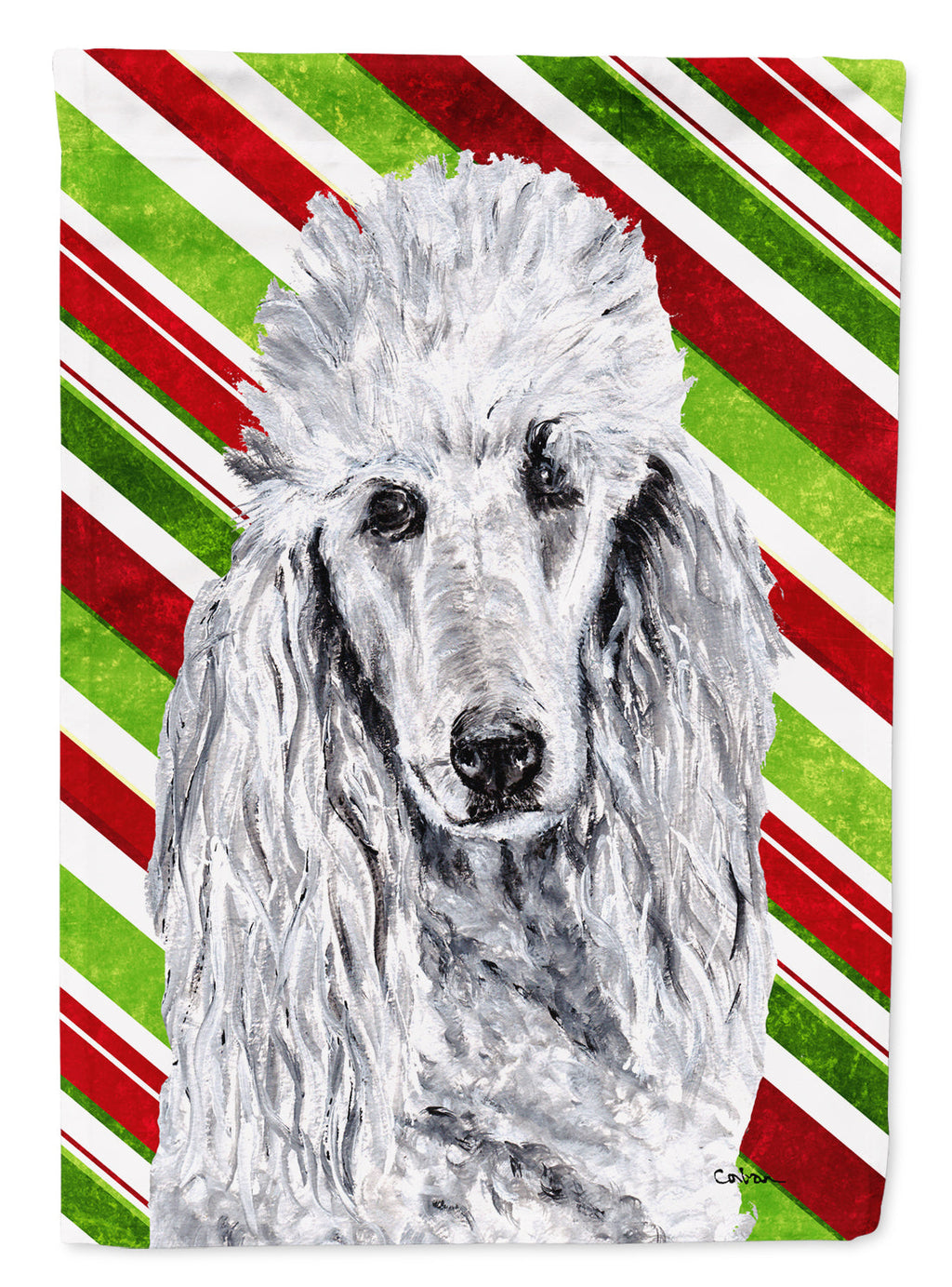 White Standard Poodle Candy Cane Christmas House Flag 28x40 Porch Sleeve Pole Decorative Outside Yard Banner Artwork Wall Hanging, Polyester