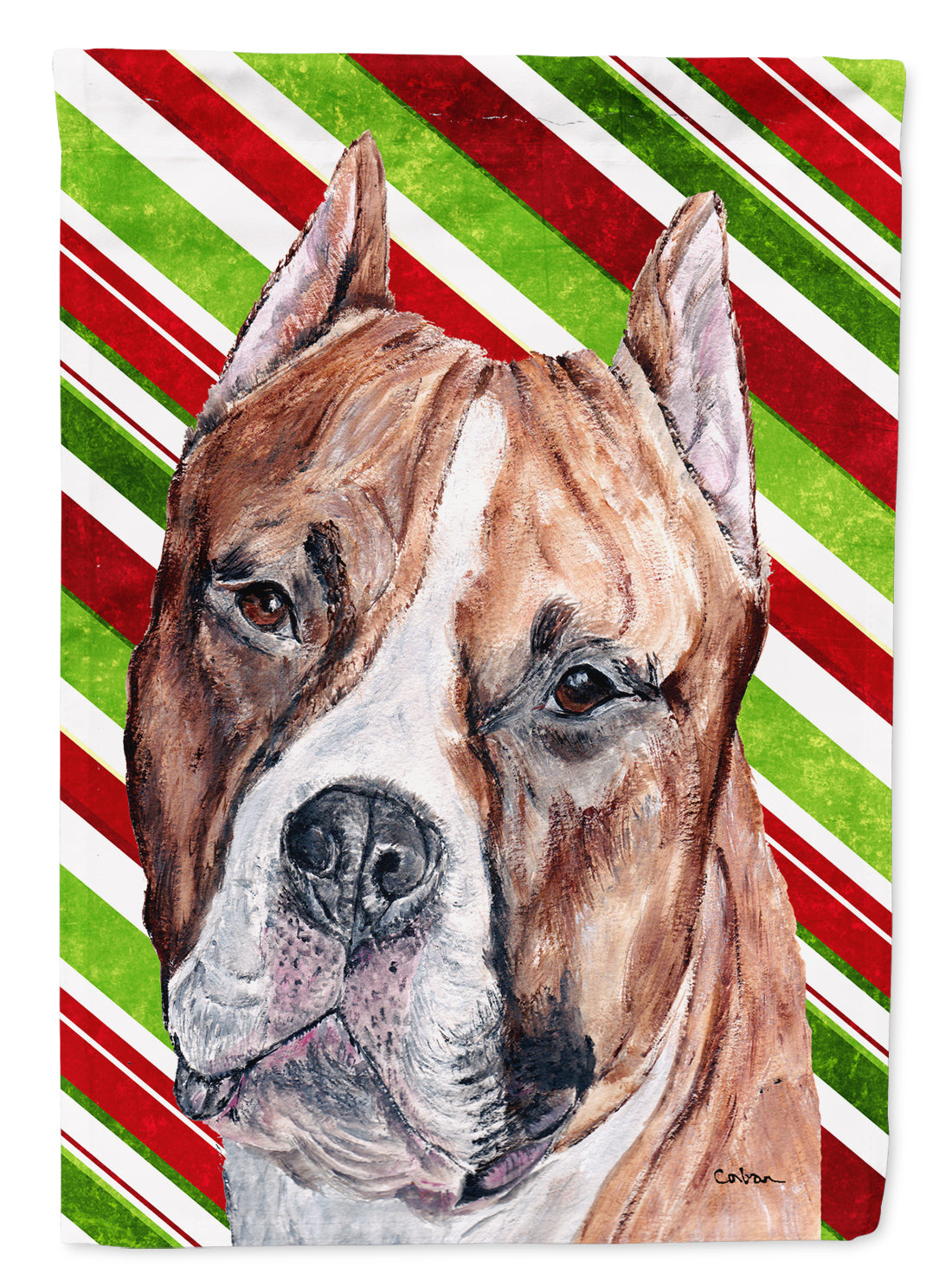 Staffordshire Bull Terrier Staffie Candy Cane Christmas House Flag 28x40 Porch Sleeve Pole Decorative Outside Yard Banner Artwork Wall Hanging, Polyester