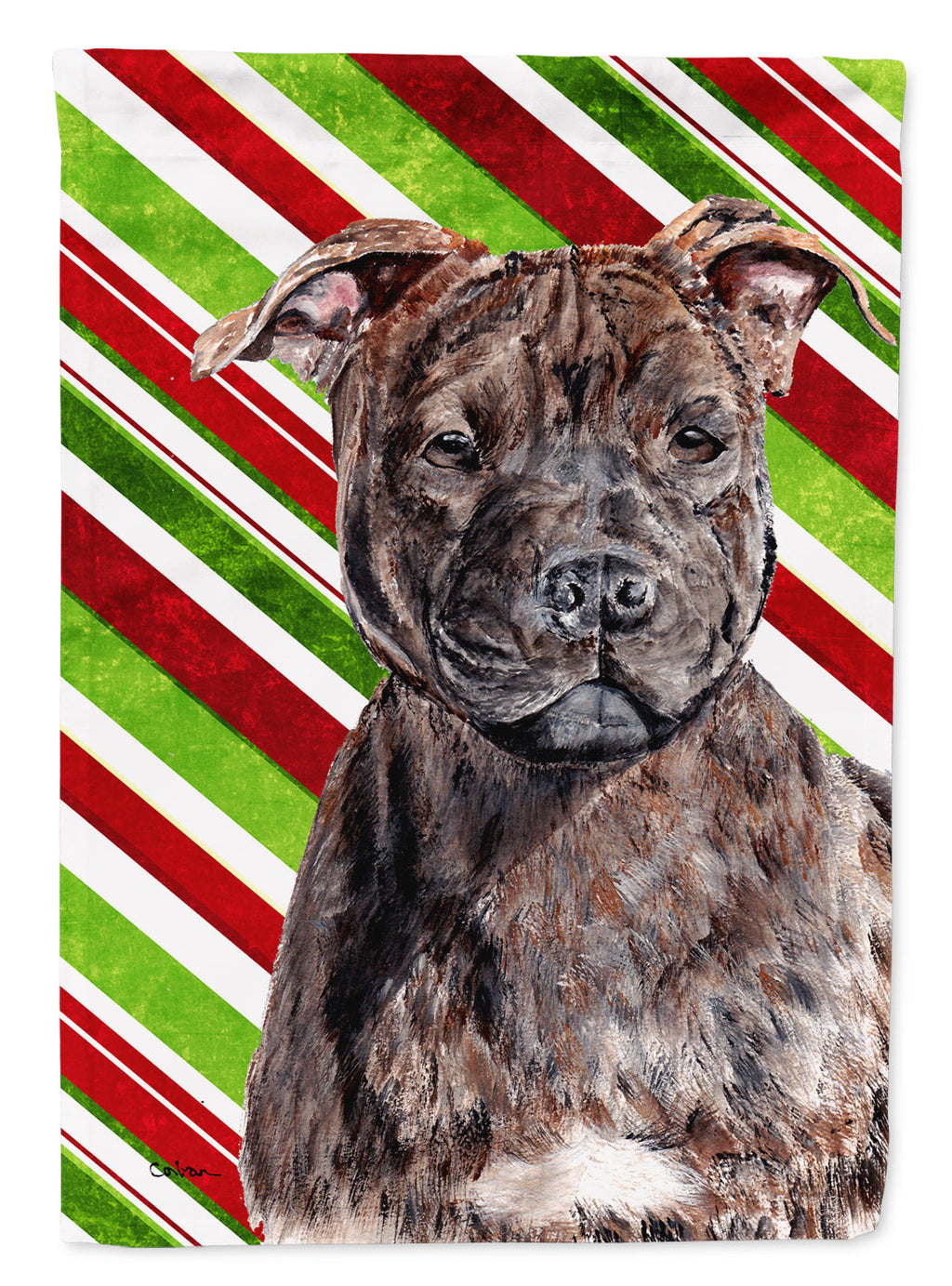 Staffordshire Bull Terrier Staffie Candy Cane Christmas House Flag 28x40 Porch Sleeve Pole Decorative Outside Yard Banner Artwork Wall Hanging, Polyester