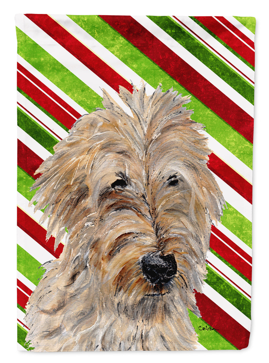 Golden Doodle 2 Candy Cane Christmas House Flag 28x40 Porch Sleeve Pole Decorative Outside Yard Banner Artwork Wall Hanging, Polyester