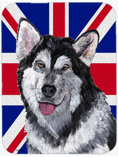 Alaskan Malamute with English Union Jack British Flag Cutting Board Tempered Glass Kitchen Cutting Surface, Heat Resistant Chopping, Non-Slip Feet, Food Prep & Serving