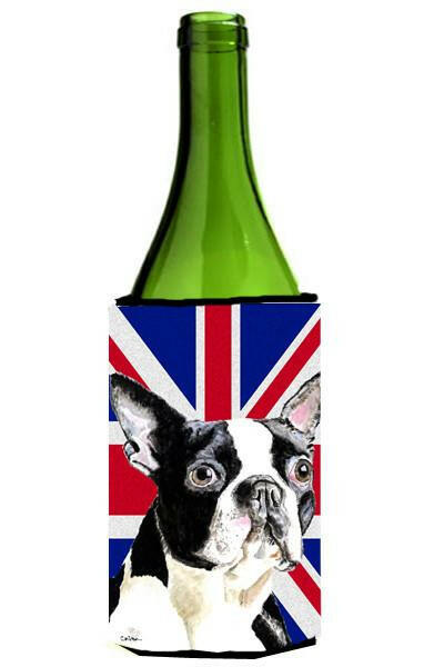 Boston Terrier with English Union Jack British Flag Wine Bottle Hugger Gift Sleeve for Standard 750 ml Bottles, Insulated Reusable Also Fits Mini Shot & Pint Bottles