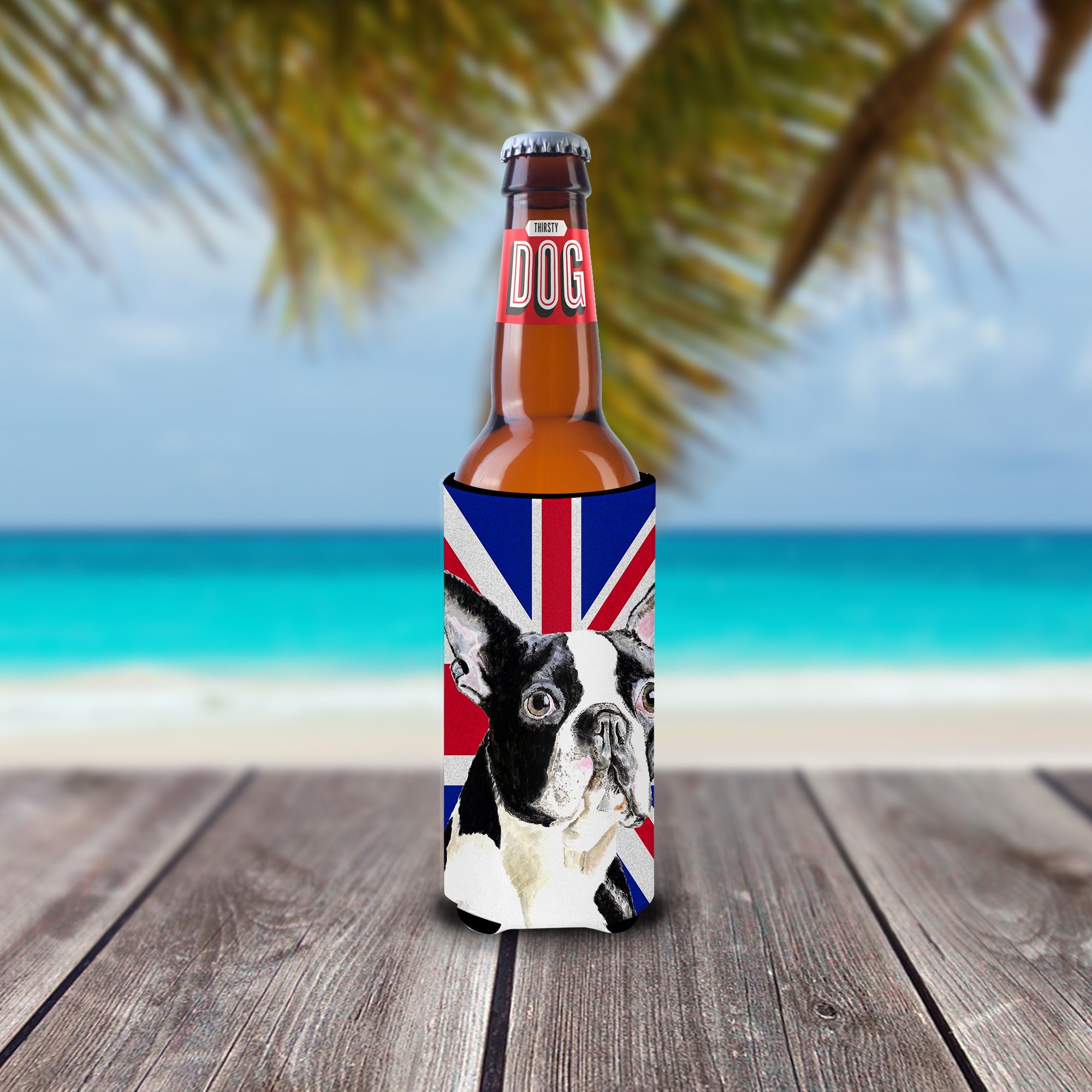 Boston Terrier with English Union Jack British Flag Slim Can Hugger , Insulated Foam Hugger for 12 oz Slim Cans, Beer Bottles & Water Bottles, Printed in USA