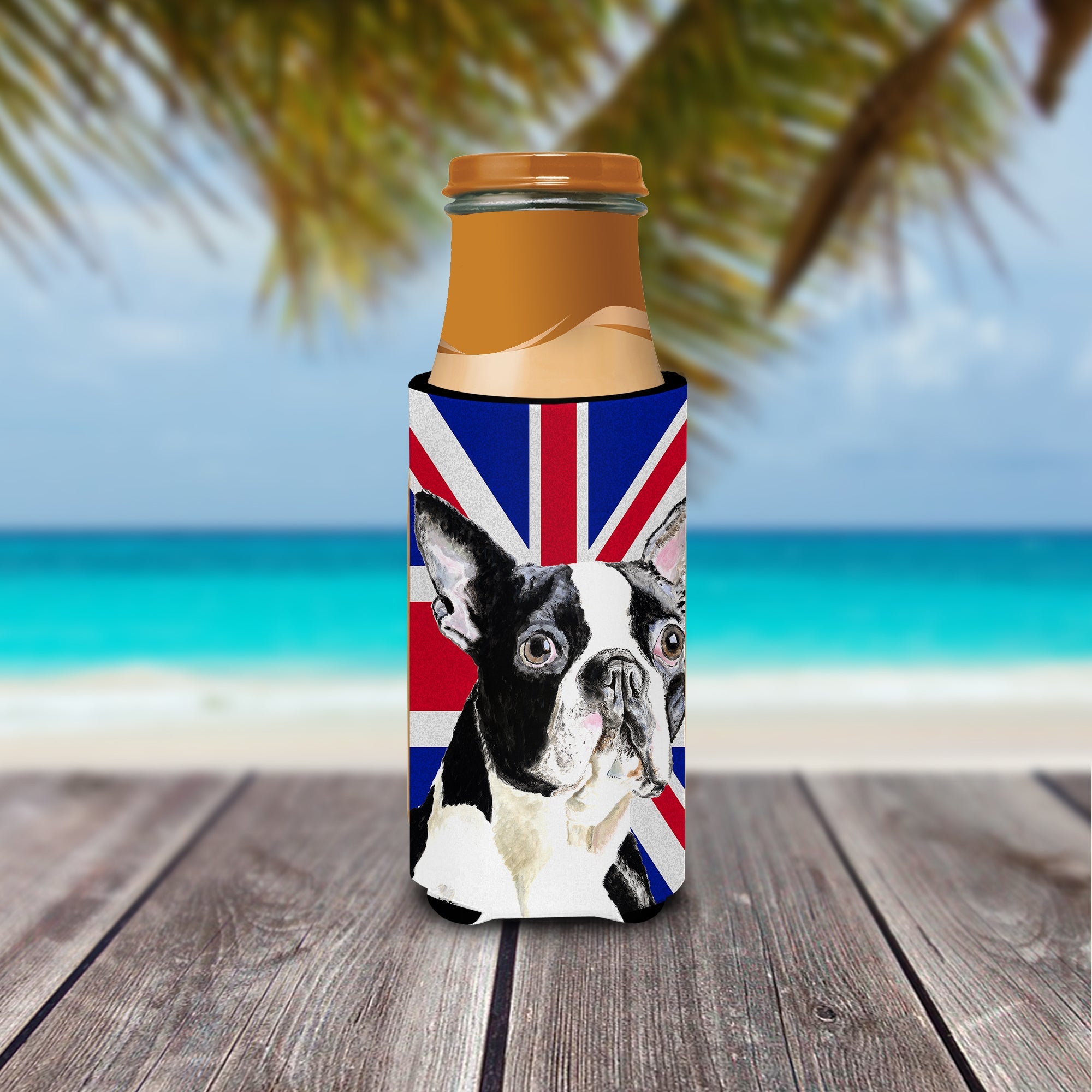 Boston Terrier with English Union Jack British Flag Slim Can Hugger , Insulated Foam Hugger for 12 oz Slim Cans, Beer Bottles & Water Bottles, Printed in USA