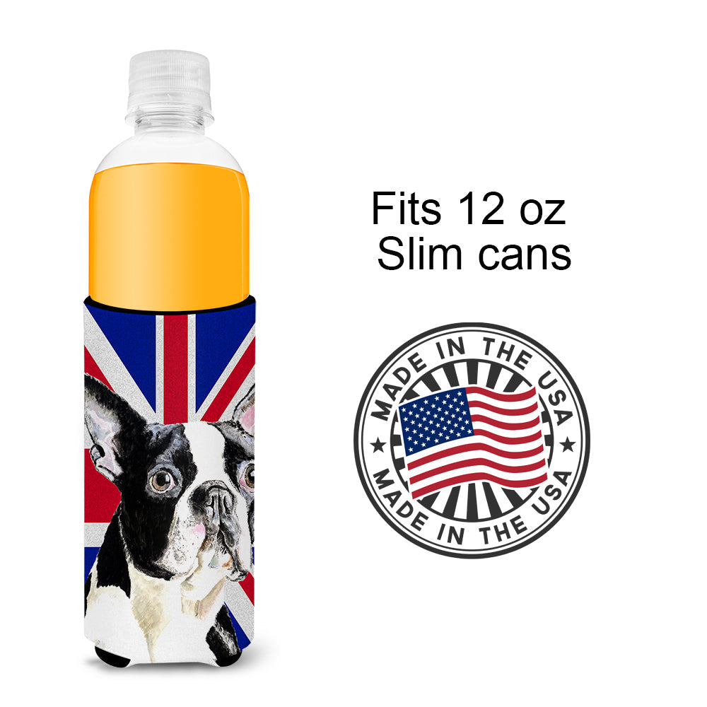 Boston Terrier with English Union Jack British Flag Slim Can Hugger , Insulated Foam Hugger for 12 oz Slim Cans, Beer Bottles & Water Bottles, Printed in USA