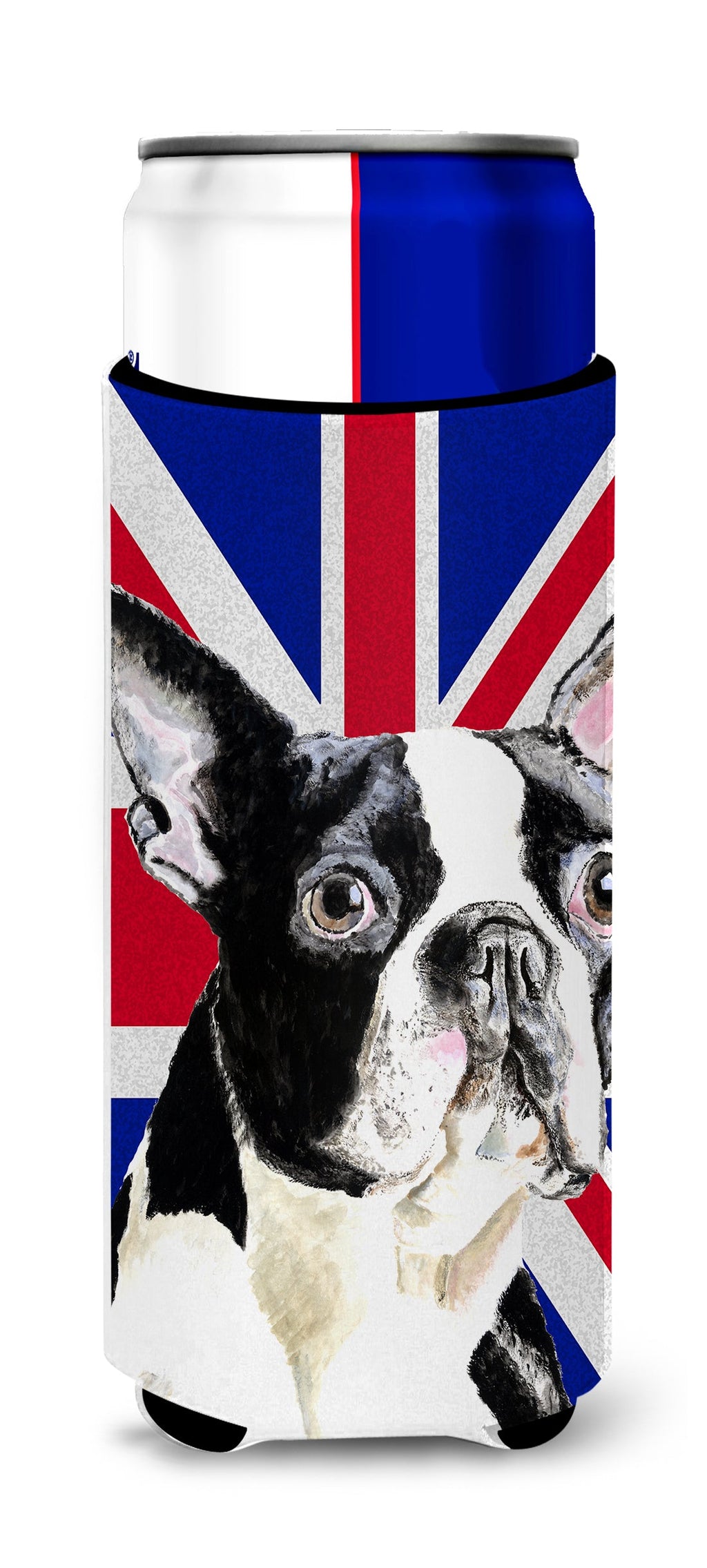Boston Terrier with English Union Jack British Flag Slim Can Hugger , Insulated Foam Hugger for 12 oz Slim Cans, Beer Bottles & Water Bottles, Printed in USA