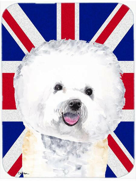 Bichon Frise with English Union Jack British Flag Cutting Board Tempered Glass Kitchen Cutting Surface, Heat Resistant Chopping, Non-Slip Feet, Food Prep & Serving