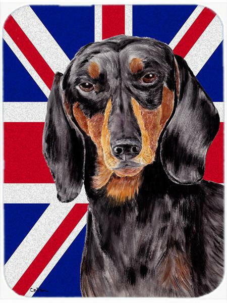 Dachshund with English Union Jack British Flag Cutting Board Tempered Glass Kitchen Cutting Surface, Heat Resistant Chopping, Non-Slip Feet, Food Prep & Serving
