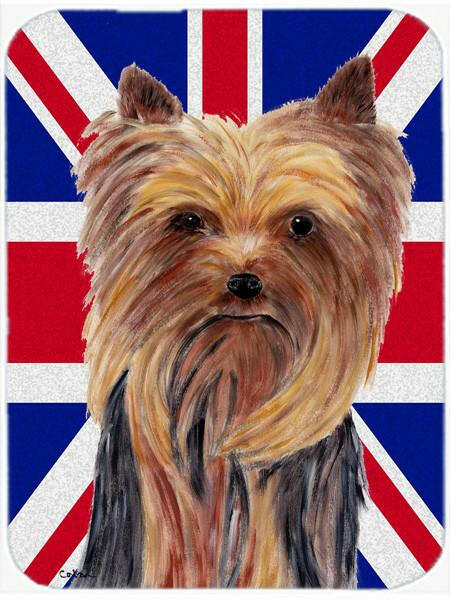 Yorkie with English Union Jack British Flag Cutting Board Tempered Glass Kitchen Cutting Surface, Heat Resistant Chopping, Non-Slip Feet, Food Prep & Serving