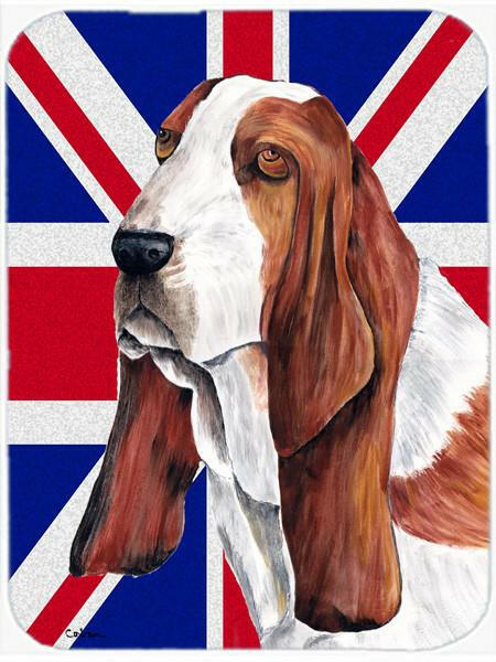 Basset Hound with English Union Jack British Flag Cutting Board Tempered Glass Kitchen Cutting Surface, Heat Resistant Chopping, Non-Slip Feet, Food Prep & Serving