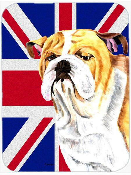 Bulldog English with Engish Union Jack British Flag Cutting Board Tempered Glass Kitchen Cutting Surface, Heat Resistant Chopping, Non-Slip Feet, Food Prep & Serving