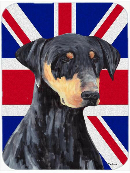 Doberman with English Union Jack British Flag Cutting Board Tempered Glass Kitchen Cutting Surface, Heat Resistant Chopping, Non-Slip Feet, Food Prep & Serving