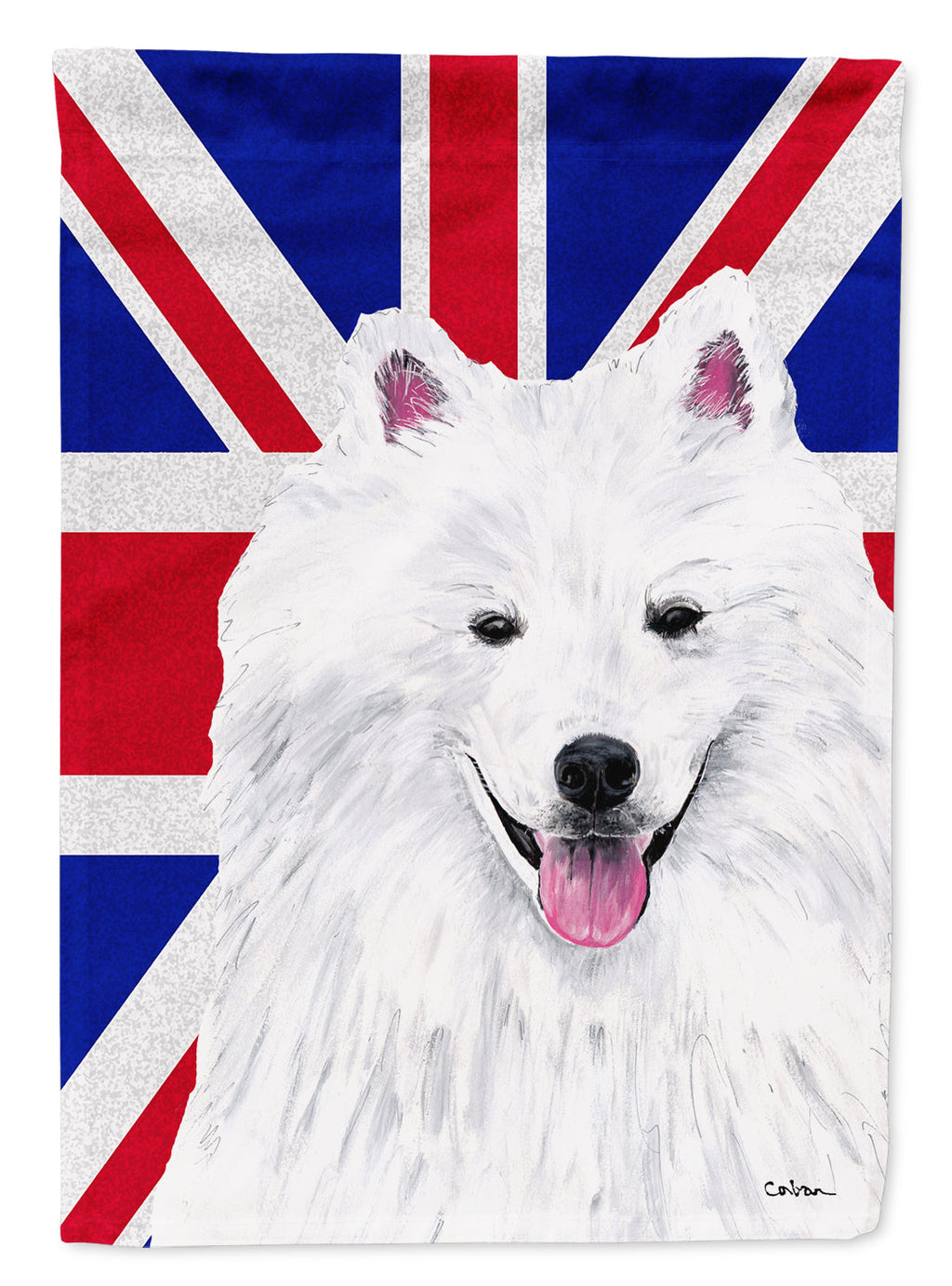 American Eskimo with English Union Jack British Flag House Flag 28x40 Porch Sleeve Pole Decorative Outside Yard Banner Artwork Wall Hanging, Polyester
