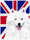 American Eskimo with English Union Jack British Flag Cutting Board Tempered Glass Kitchen Cutting Surface, Heat Resistant Chopping, Non-Slip Feet, Food Prep & Serving