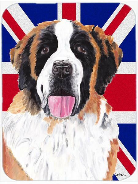 Saint Bernard with English Union Jack British Flag Cutting Board Tempered Glass Kitchen Cutting Surface, Heat Resistant Chopping, Non-Slip Feet, Food Prep & Serving
