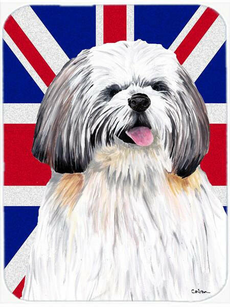 Shih Tzu with English Union Jack British Flag Cutting Board Tempered Glass Kitchen Cutting Surface, Heat Resistant Chopping, Non-Slip Feet, Food Prep & Serving
