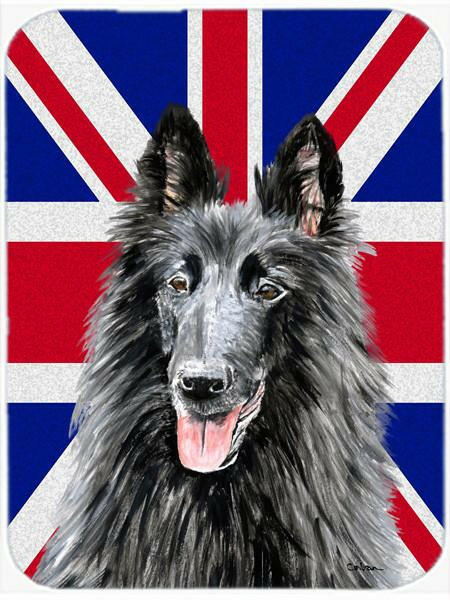 Belgian Sheepdog with English Union Jack British Flag Cutting Board Tempered Glass Kitchen Cutting Surface, Heat Resistant Chopping, Non-Slip Feet, Food Prep & Serving