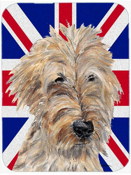 Golden Doodle with English Union Jack British Flag Cutting Board Tempered Glass Kitchen Cutting Surface, Heat Resistant Chopping, Non-Slip Feet, Food Prep & Serving