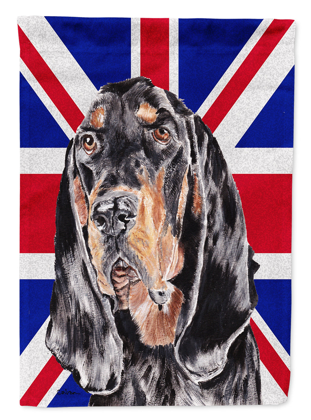 Black and Tan Coonhound with English Union Jack British Flag House Flag 28x40 Porch Sleeve Pole Decorative Outside Yard Banner Artwork Wall Hanging, Polyester
