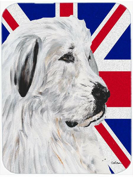 Great Pyrenees with English Union Jack British Flag Cutting Board Tempered Glass Kitchen Cutting Surface, Heat Resistant Chopping, Non-Slip Feet, Food Prep & Serving