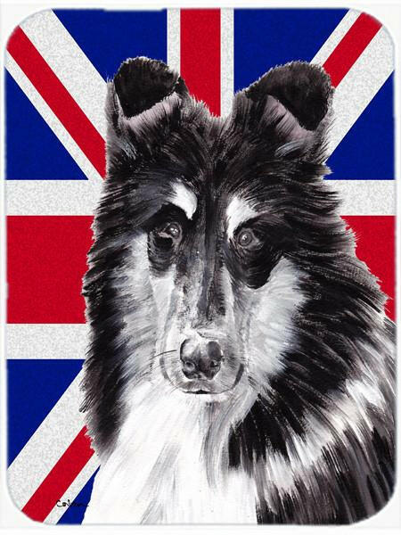 Black and White Collie with English Union Jack British Flag Cutting Board Tempered Glass Kitchen Cutting Surface, Heat Resistant Chopping, Non-Slip Feet, Food Prep & Serving