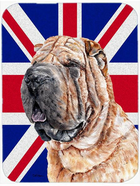 Shar Pei with English Union Jack British Flag Cutting Board Tempered Glass Kitchen Cutting Surface, Heat Resistant Chopping, Non-Slip Feet, Food Prep & Serving