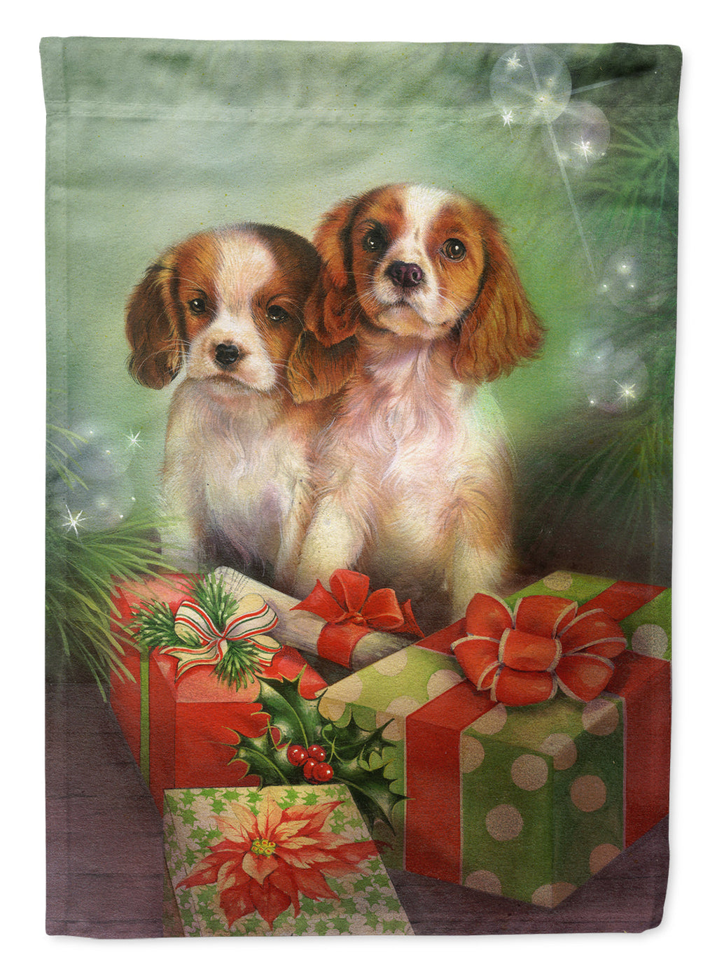 Cavalier Spaniels and Christmas Presents House Flag 28x40 Porch Sleeve Pole Decorative Outside Yard Banner Artwork Wall Hanging, Polyester