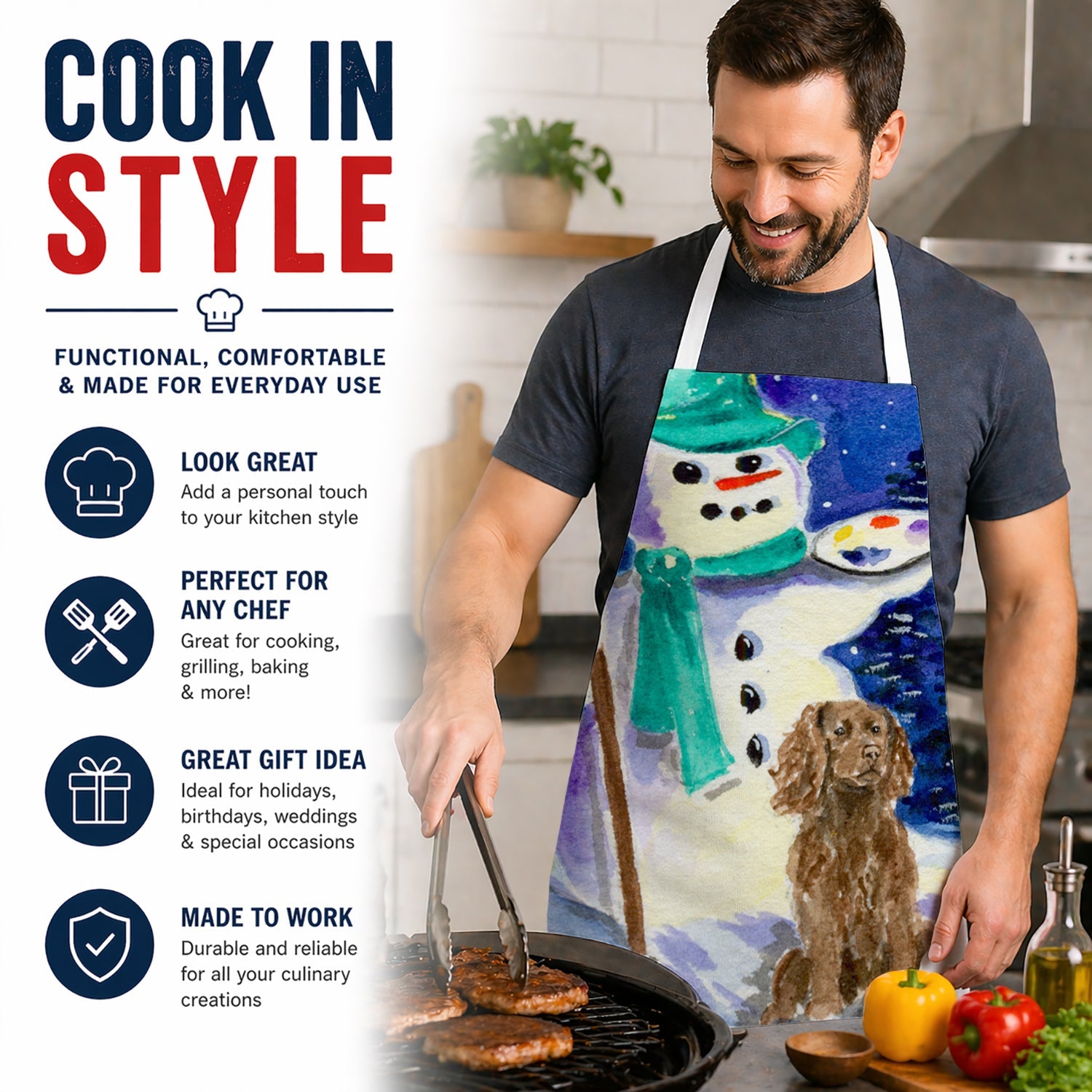 Artist Snowman with Boykin Spaniel Apron Cooking Kitchen Server Baking Crafts Gardening for Adult Women Men, Unisex, Large, Multicolor