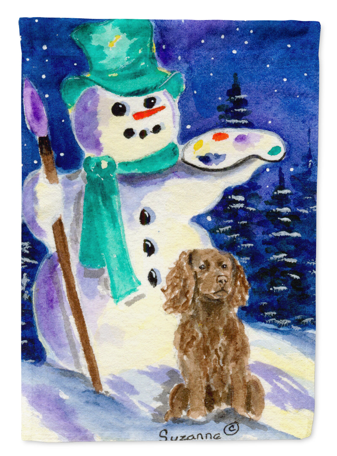 Artist Snowman with Boykin Spaniel House Flag 28x40 Porch Sleeve Pole Decorative Outside Yard Banner Artwork Wall Hanging, Polyester