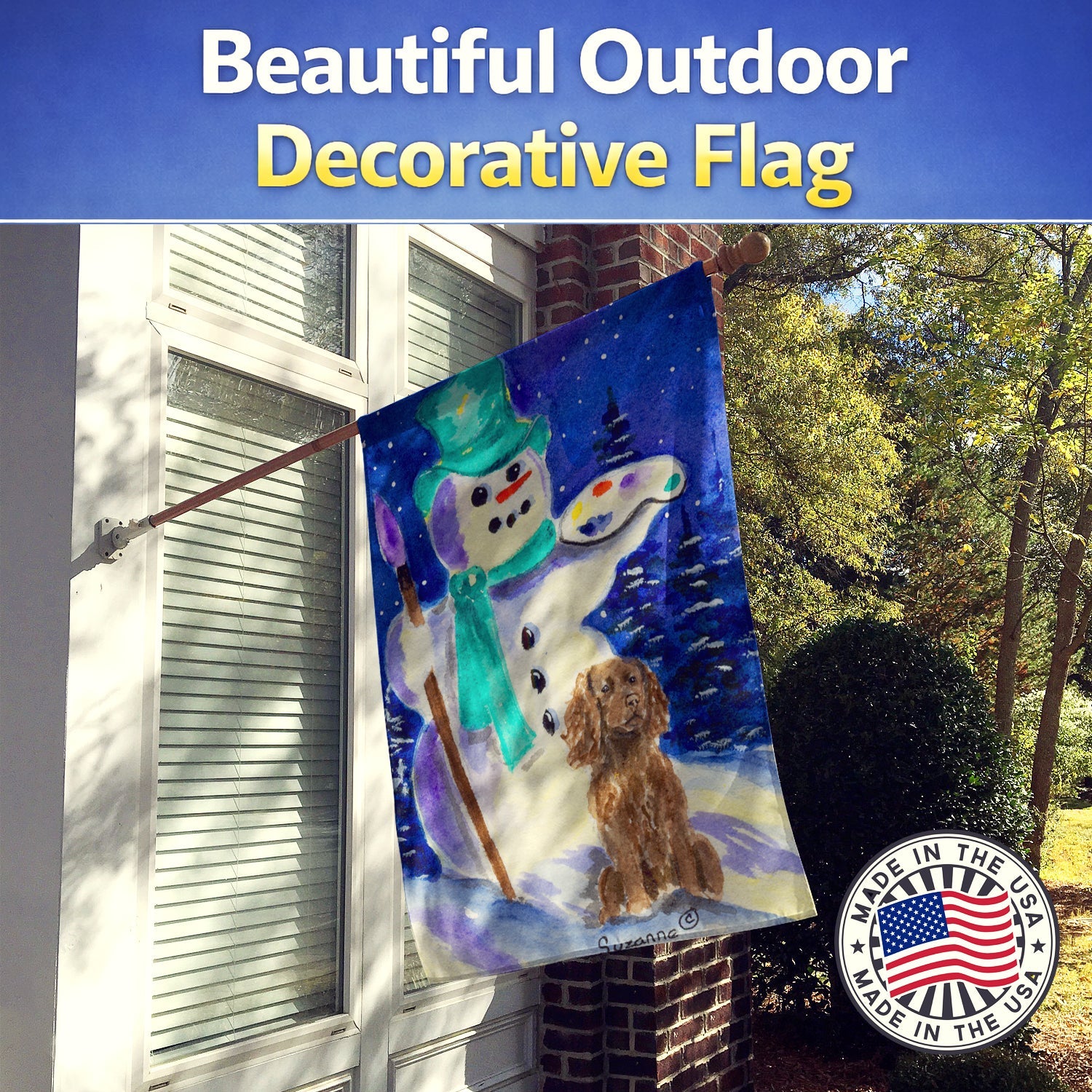 Artist Snowman with Boykin Spaniel House Flag 28x40 Porch Sleeve Pole Decorative Outside Yard Banner Artwork Wall Hanging, Polyester