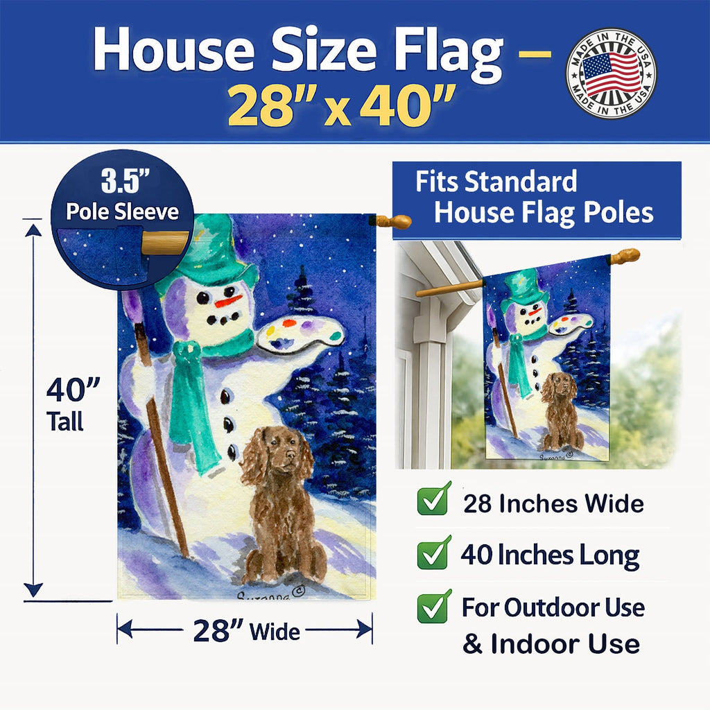 Artist Snowman with Boykin Spaniel House Flag 28x40 Porch Sleeve Pole Decorative Outside Yard Banner Artwork Wall Hanging, Polyester