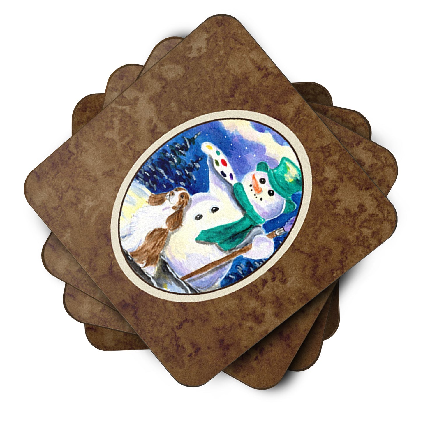 Artist Snowman with Boykin Spaniel Foam Coasters Set of 4 Cup Coasters for Indoor Outdoor, Tabletop Protection, Anti Slip, Mouse pad Material