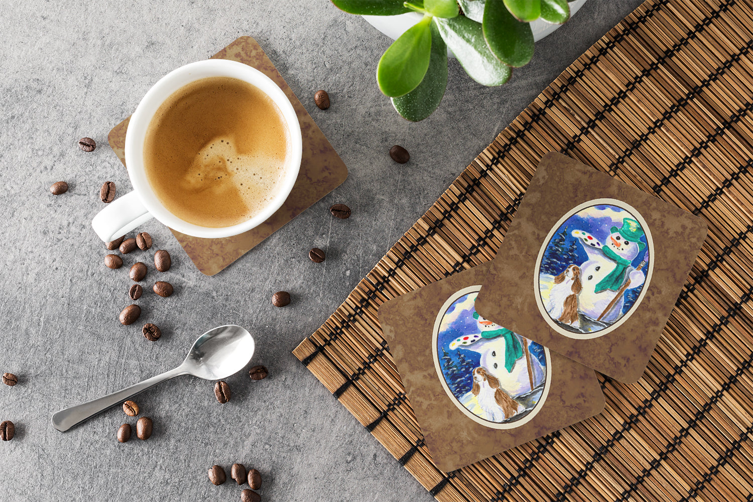 Artist Snowman with Boykin Spaniel Foam Coasters Set of 4 Cup Coasters for Indoor Outdoor, Tabletop Protection, Anti Slip, Mouse pad Material