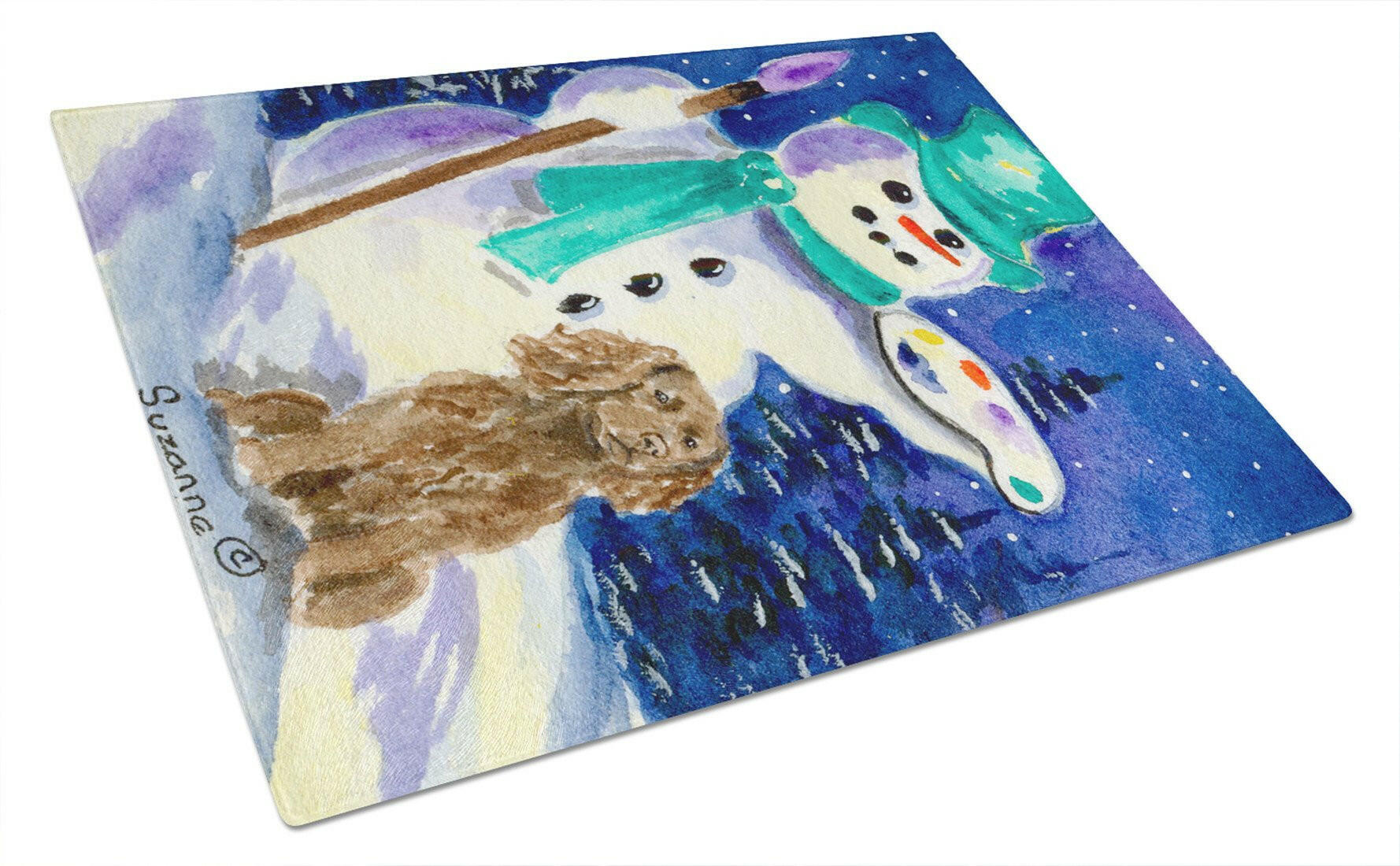 Artist Snowman with Boykin Spaniel Cutting Board Tempered Glass Kitchen Cutting Surface, Heat Resistant Chopping, Non-Slip Feet, Food Prep & Serving