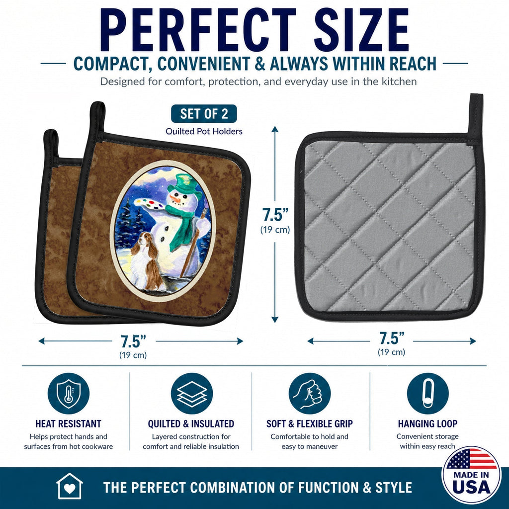 Artist Snowman with Boykin Spaniel Pot Holder Set of 2 Heat Resistant Quilted Hot Pads 7.5 x 7.5 Inch, Insulated Kitchen Trivets for Cooking & Baking